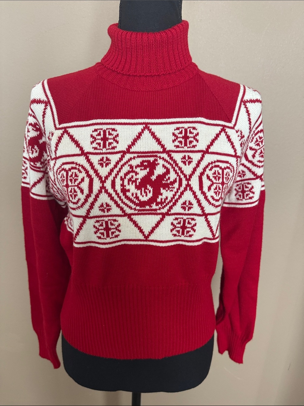 Guess Red and White Turtleneck Nordic-Pattern Sweater